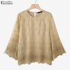 ZANZEA Women Round Neck 3/4 Sleeve Loose Casual Embroidery Patchwork Blouse