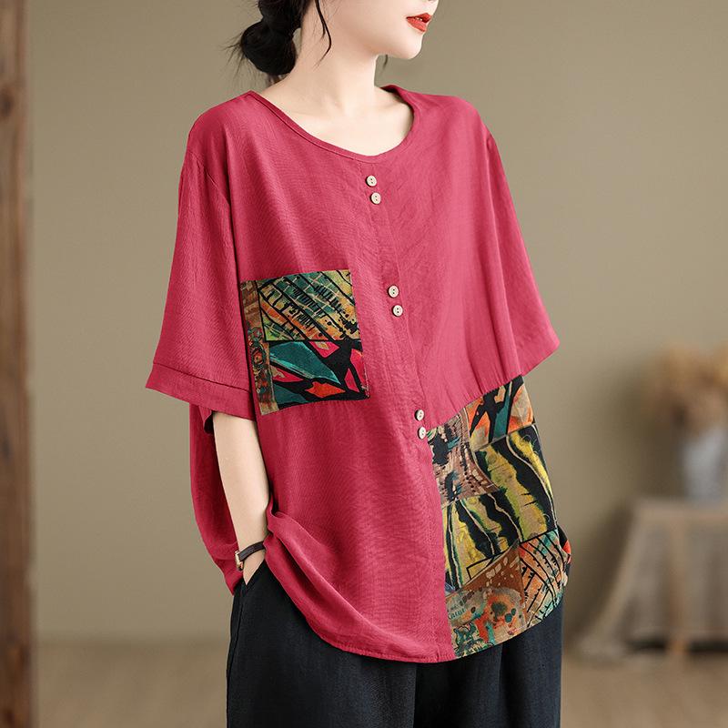 Mode Print Rundhals Kurzarm T-Shirts Damen Sommer Übergröße Locker Lässig Knöpfe Tee Tops Frauen 2025