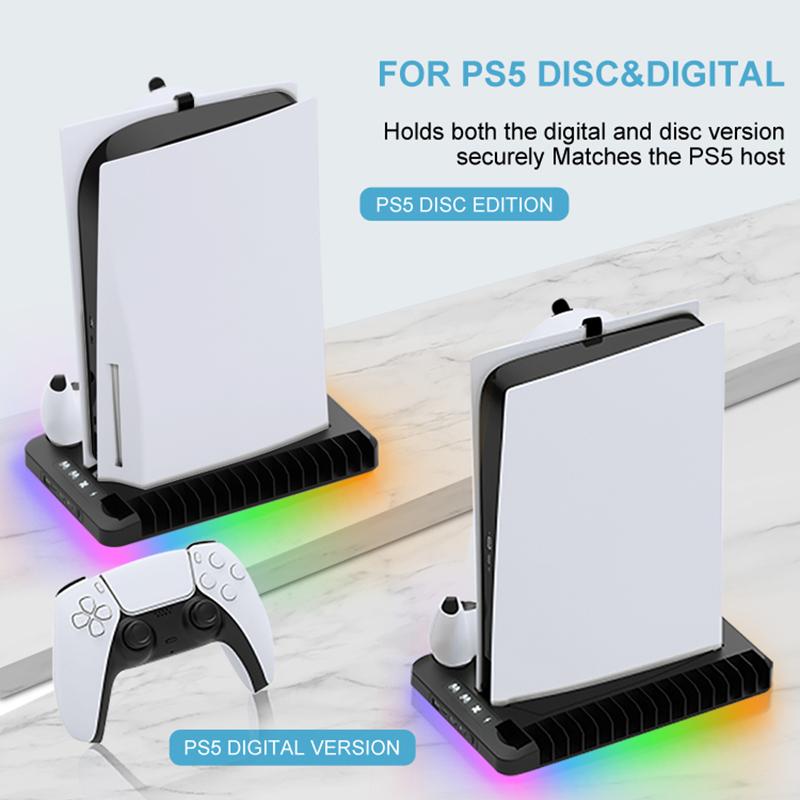 Cooling Stand for PS5/PS5 Slim/PS5 Pro with Headphone Hook and 3-Level Cooling Fan Controller Charging Station Gaming Consoles