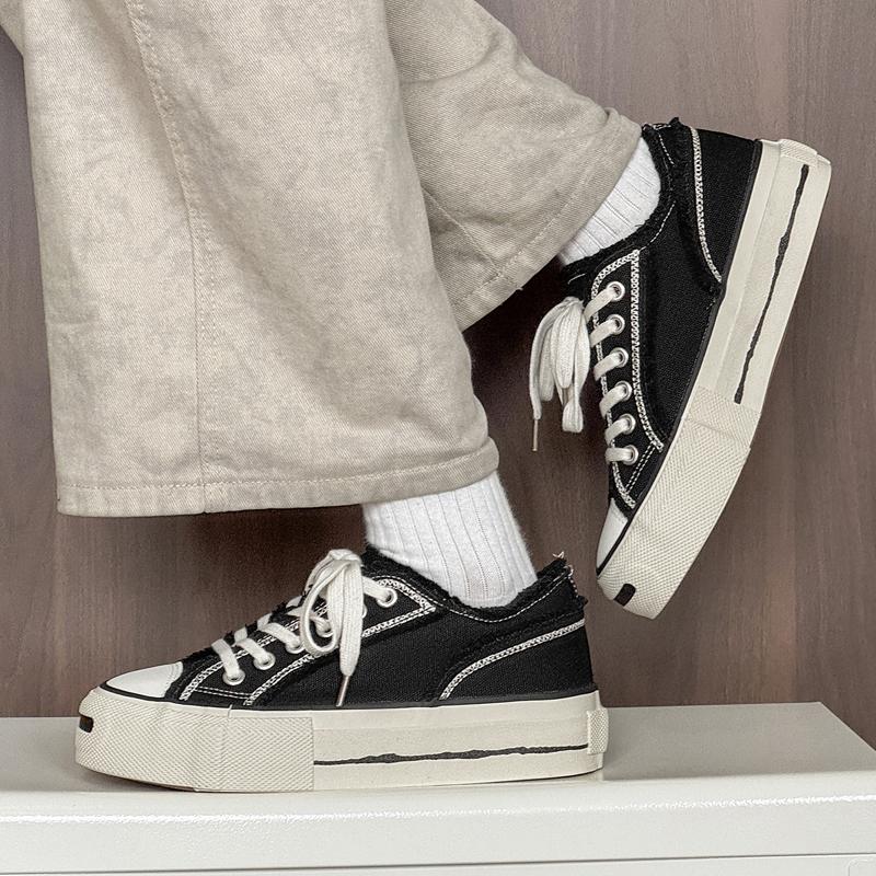 Men'S Vintage Canvas Shoes Arch Support Chunky Platform Height Increasing Black White Streetwear Outdoor Hiking Sneakers