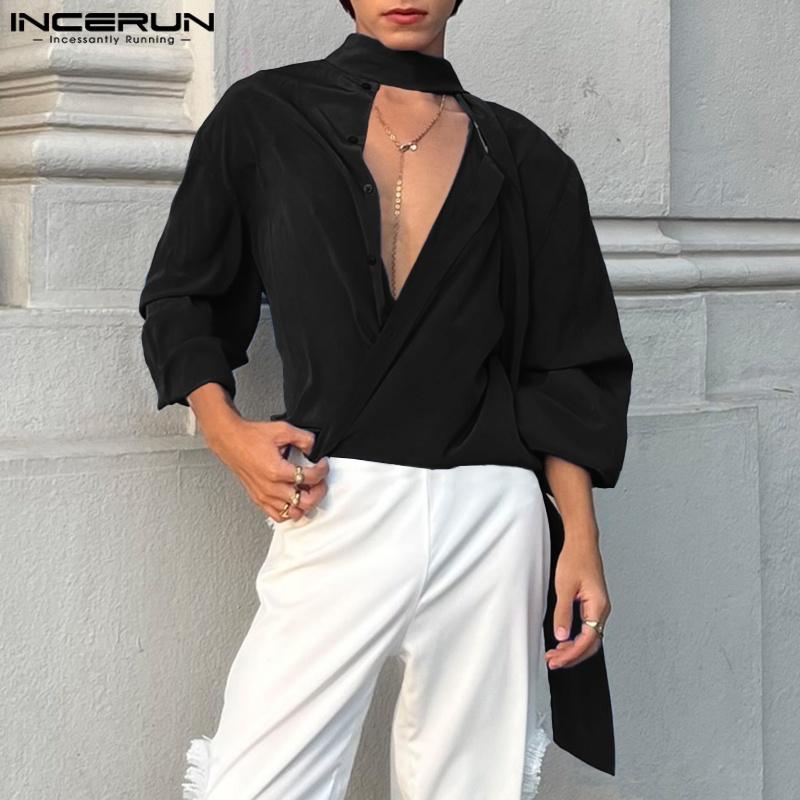 

INCERUN Oversized Men Tie Up Long Sleeve Solid Color Casual Loose Shirts 3XL синій