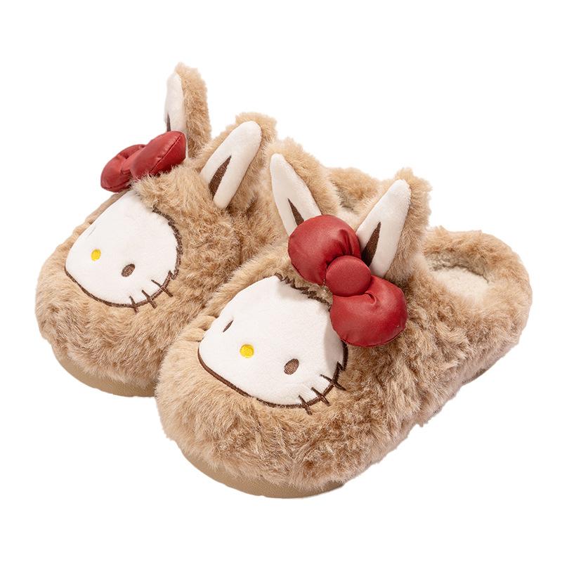 New Cute Rabbit-eared Cat Bow Plush Slippers Winter Indoor Household Plush Warm Non-slip Cotton Slippers