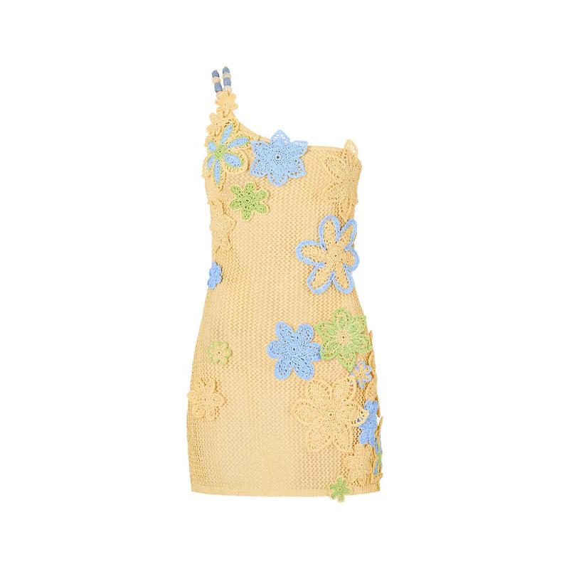 

Сексуальное трикотажное платье для женщин с ажурным 3D-цветком, косыми плечами, открытой спиной, бандажное короткое пляжное платье 2025 года, летнее женское платье для отпуска L жёлтый