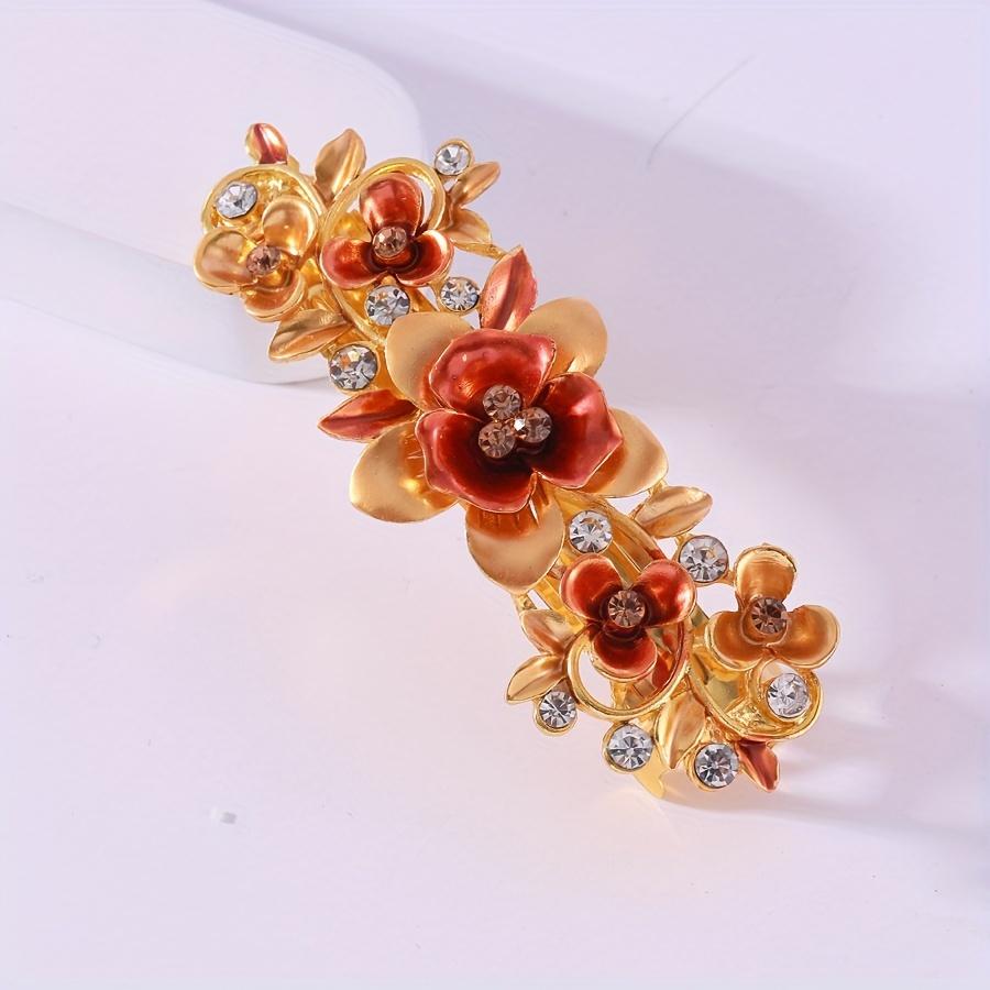 Single Bohemian Floral Rhinestone Hair Clip Large Rectangular Hairpin with Multicolor Enamel Flowers, Sparkling Crystals Golden Tone Accents for Women