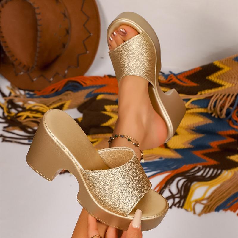 High-heeled Flip-flops Summer New Round Toe Open-toe Platform Non-slip Wear-resistant Block Heel Shoes