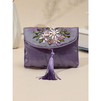 Portefeuille Brodé pour Femmes Vintage Pochette Zippée Grande Capacité Broderie Florale Coloré Portable Sac de Rangement pour Bijoux Hibiscus pour Femmes