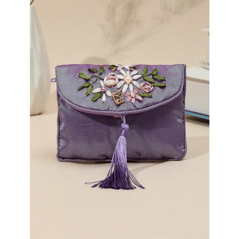 

Женский вышитый кошелек винтажный клатч на молнии большой вместимости вышивка цветами красочный портативный мешочек для хранения украшений гибискус для женщин фиолетовый