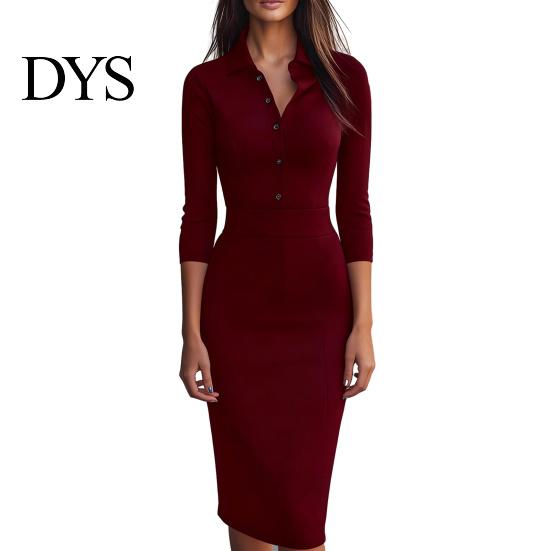 Waist Dress Women's Fall Long Sleeve Bodycon Work Lapel Button Comfortable Women Up Formal Midi Business Office Sheath Pencil