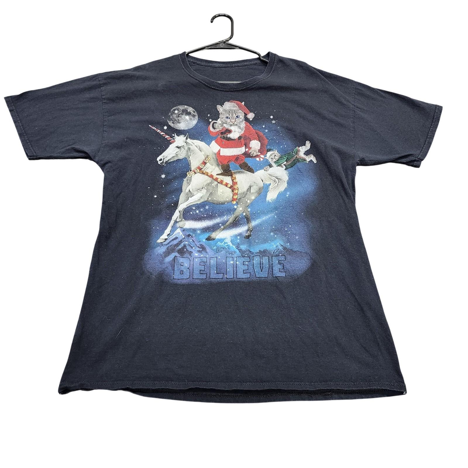 Shirt Mens XL Black Christmas Holiday Cat Riding Unicorn Believe Graphic Tee Unisex T-Shirt XXL