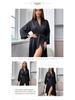 Women's Black Mid-Length Pajamas Cardigan, French Bathrobe, Long Sleeve Nightgown for Spring & Summer