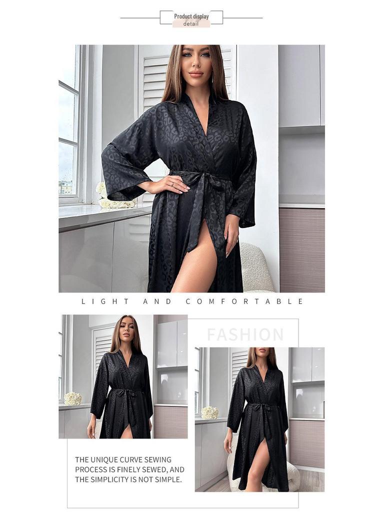 Women's Black Mid-Length Pajamas Cardigan, French Bathrobe, Long Sleeve Nightgown for Spring & Summer