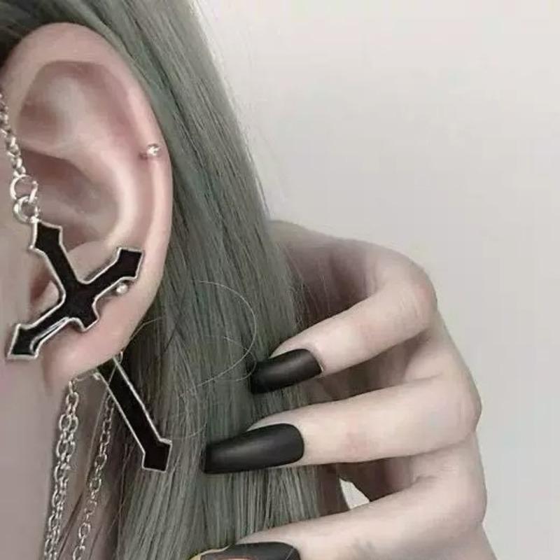 2pcs 2026 Punk Gothic Cross Earrings Men Women Metal Long Chain Tassels Piercing Jewelry Black Cross Ear Studs Gifts Accessories