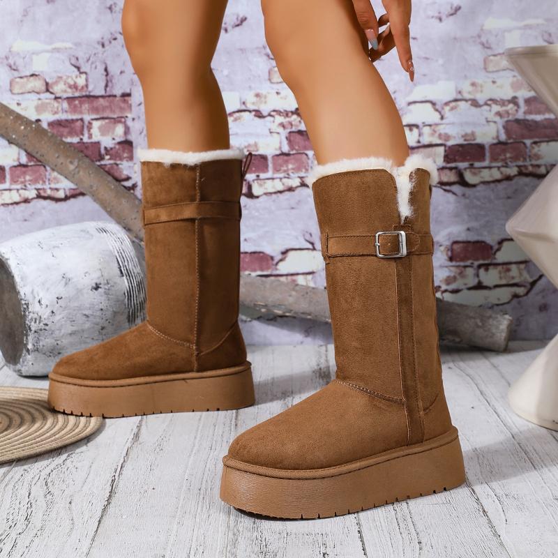Winter Thick-Soled Snow Boots Round Toe Belt Buckle Sleeve Flat Sole Thickened Cashmere High Boots Large Size Women's Boots36-41