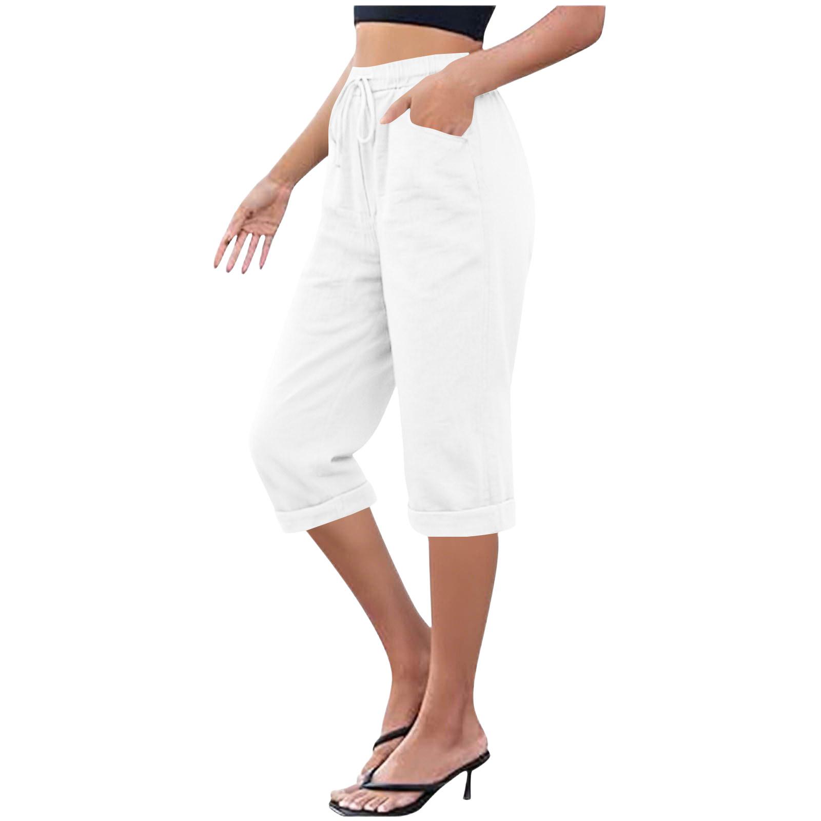 

Women s Cotton And Linen Pocket Elastic Casual Pants Five Quarter Pants XL білий