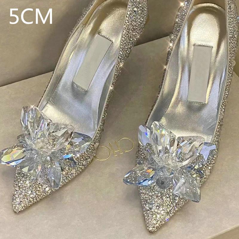 Grey Women's Crystal Wedding Shoes High Heels 2025Autumn New Silver All Diamond Bridal Shoes Water Diamond French Single Shoes