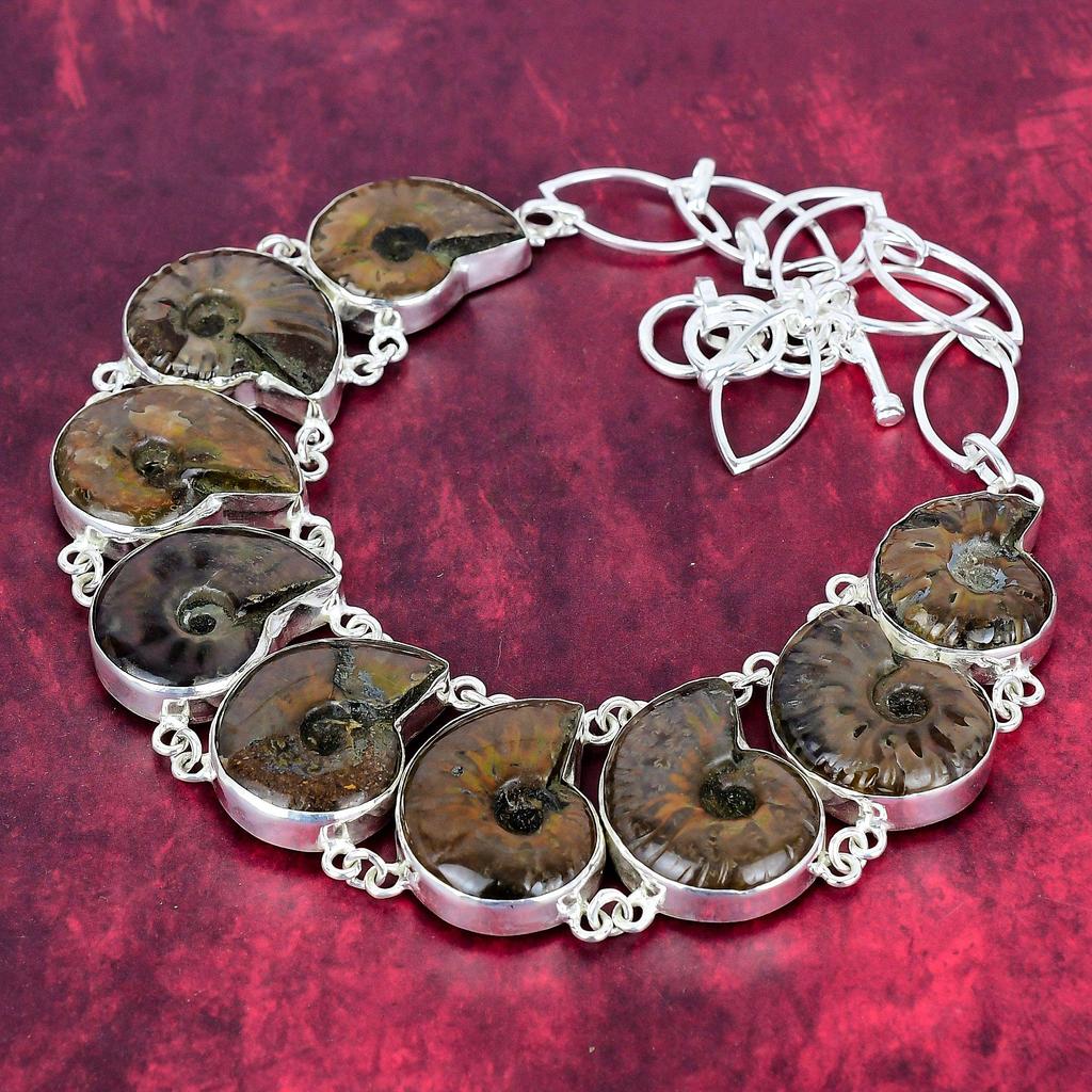 Colier din argint solid 925 fosil de amonit cu lanț reglabil, colier de bijuterii cu pietre prețioase lucrate manual pentru Ziua Memorialului