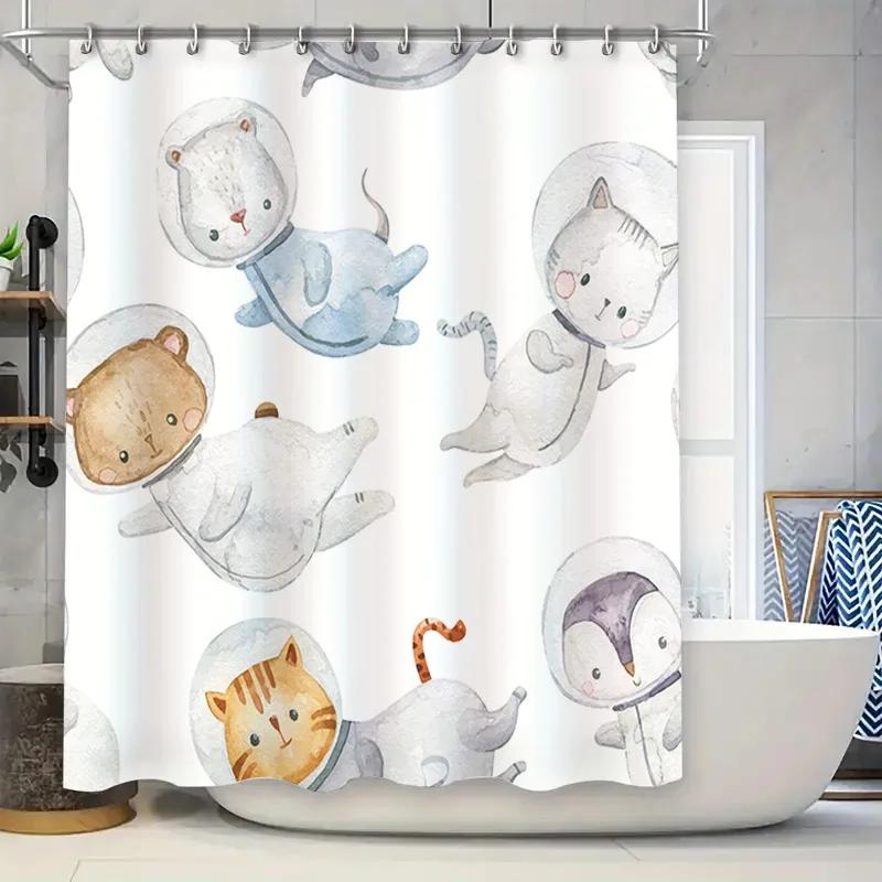 

Space-Cat Blue Puffer Fashion Shower Curtain For Kids Bathroom Decor Washable Fabric Waterproof Home Linen Decoration In White G W60H190(CM)-1 Pcs