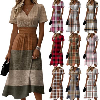 Ladies' Plaid Casual Fashionable Short Sleeved V-neck Dress