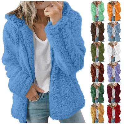 Damenmode, einfarbige Jacke, lange Ärmel, Reißverschluss, Kapuze, Plüschmantel
