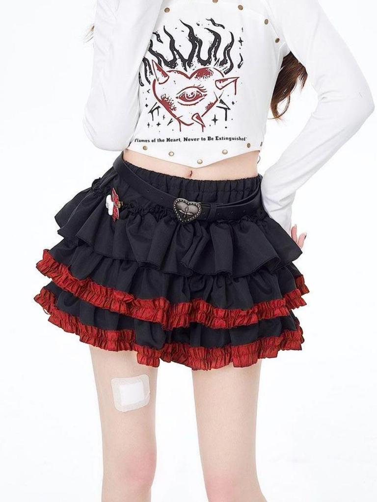 Women's Mini Pleated Skirt with Shorts Y2K Punk Gothic Style Cake Skirt Black Elastic Waist Summer Clothing Streetwear