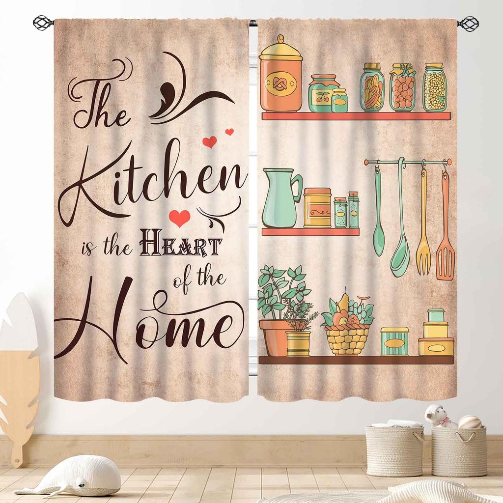 Retro Tableware Kitchen Text Curtain Panels,Distressed Wood Fork Spoon Sweet Home Slogan Full Print Drapes For Bakery Cafe Decor
