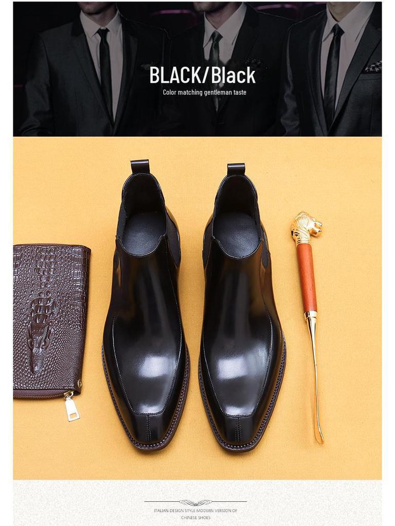 [VIP Exclusive] Men's Black Genuine Leather Martin Boots - Pointed Toe, British Style, Business Casual, High Top Winter Boots