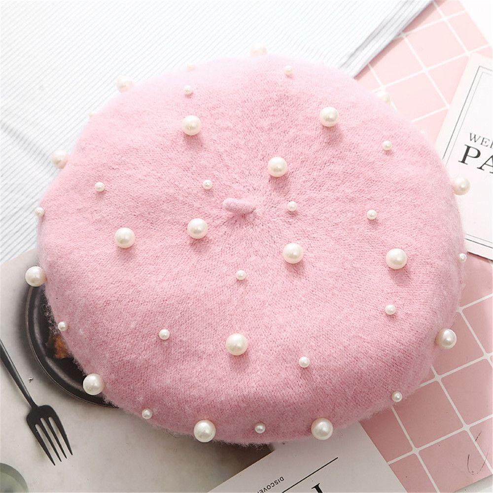 Women Girls Casual Soft Elegant Beret Hat Pearl Wool French Cap Painter Hats