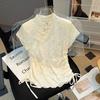 Chinese Styl Shirts Stand Neck Short Sleeve Solid Color Draw String Jacquard Crop Tops Summer Female Slim Elegant Women Clothing