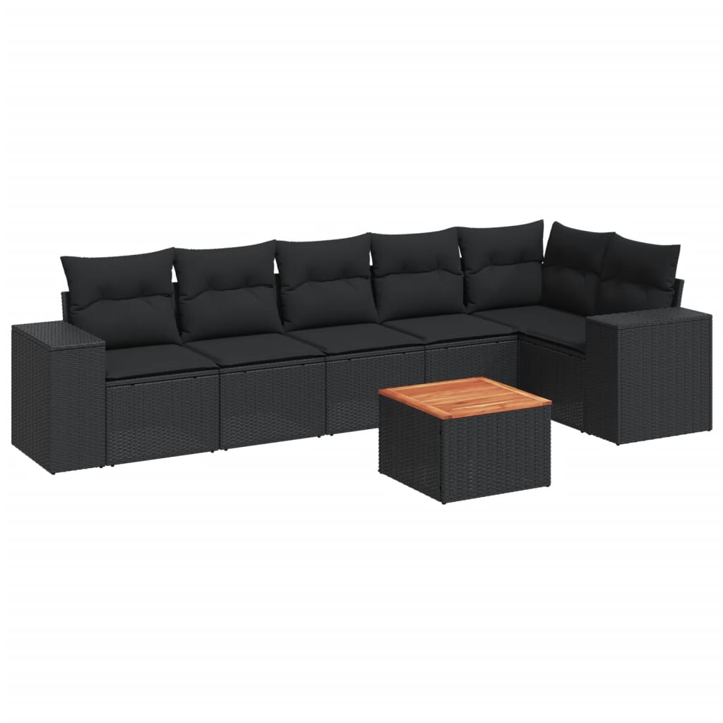 7 piece Garden Sofa Set with Cushions Black Poly Rattan
