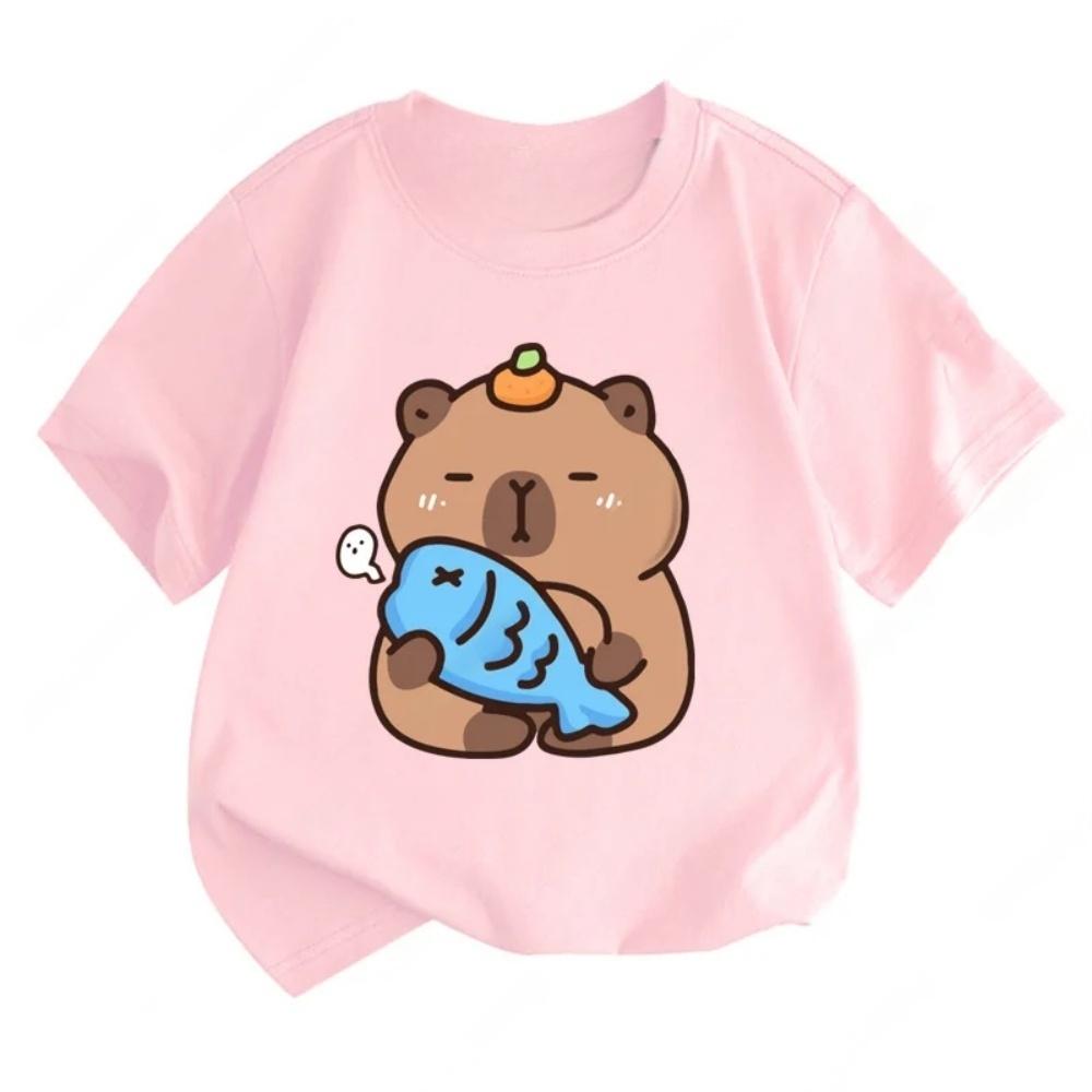Capybara Girls' T-Shirt Summer Cute Graphic T Shirts O-Neck Girls Short Sleeve Clothing Fashion Casual Tops Children's Clothing