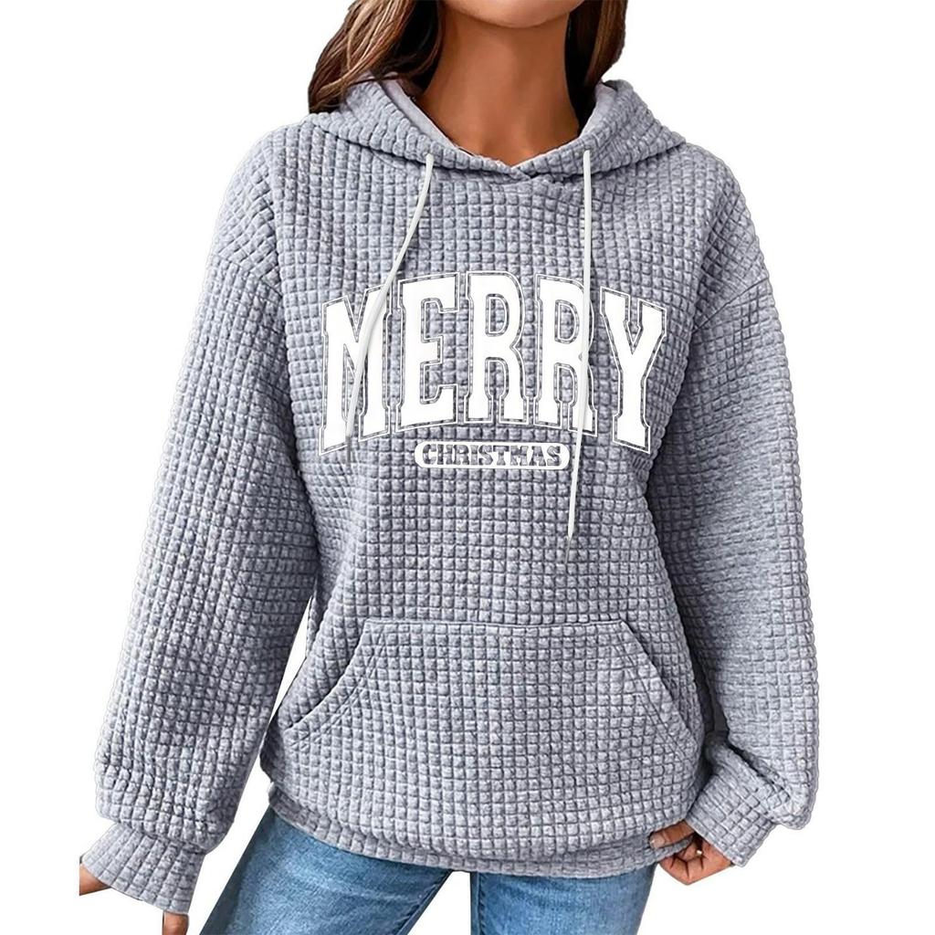 Women's Fashion Loose Hooded Pullover Long Sleeve Plaid Sweatshirt With Drawstring, Drop Shoulder, Pocket, Christmas Print Top