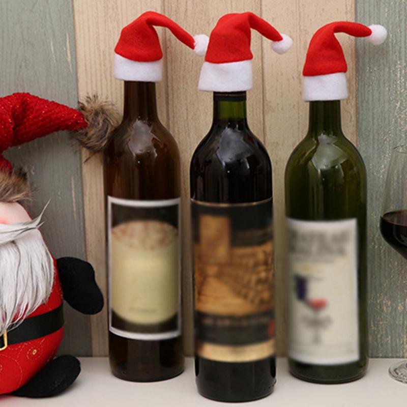 10Pcs Christmas Hat Wine Bottle Cover Plush Tableware Pocket Cartoon Table Decoration Accessories For Home Dinner Party Holiday