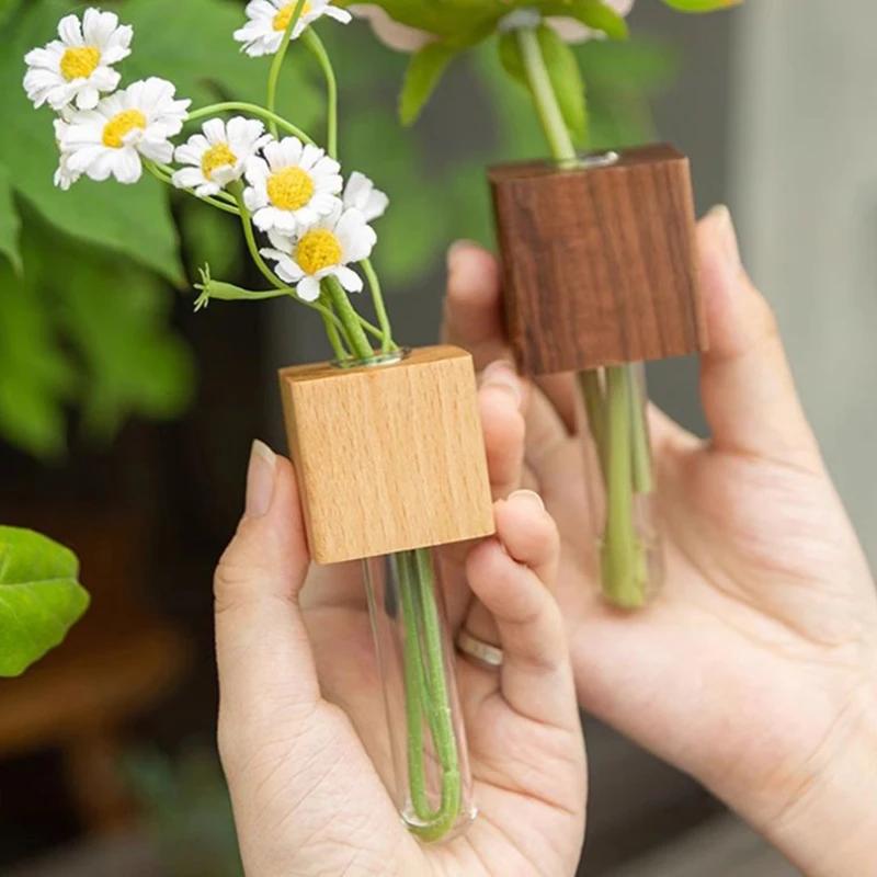 Wooden Test Tube Vase DIY Flower Arrangement Magnetic Simulation Flower Vase Refrigerator Sticker Home Kitchen Decorations Vases