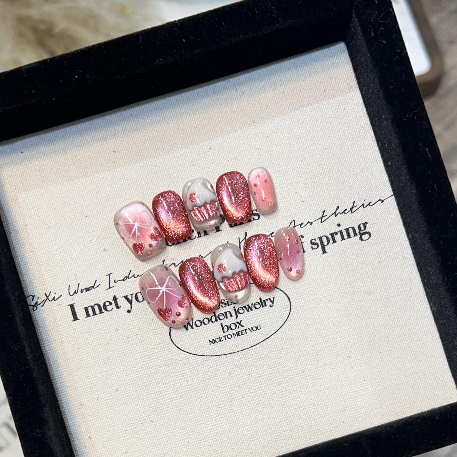 

Christmas Wearable Nail Piece Short Handmade Cute Pink Cat Eye Cake Bow Love Nail Art Removable Large L