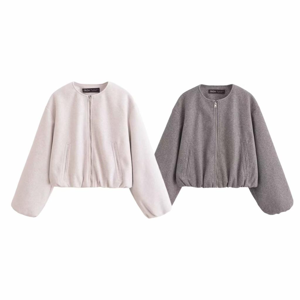 Spring and Autumn Women's Loose Versatile Crew Neck Long Sleeve Pocket Soft Bomber Jacket