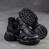 Johnature Retro Dickbesohlte Hohl Atmungsaktive Sandalen Echtes Leder Bequeme Vielseitige Damenschuhe