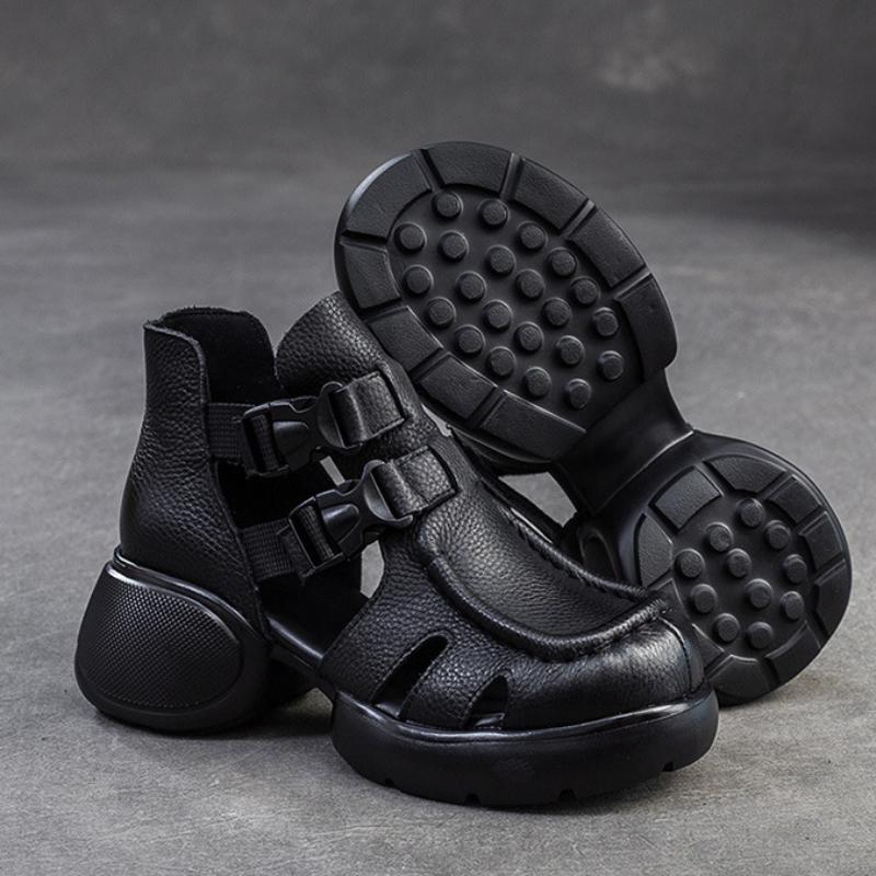 Johnature Retro Dickbesohlte Hohl Atmungsaktive Sandalen Echtes Leder Bequeme Vielseitige Damenschuhe