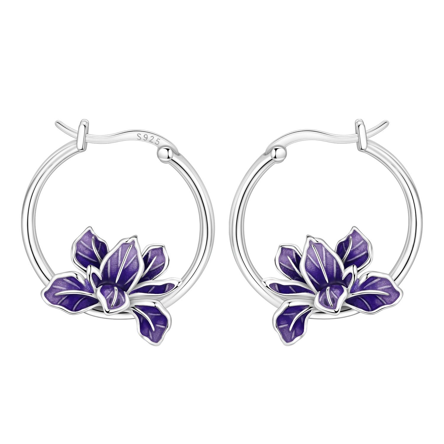 PANPOKI S925 Silver Blooming Purple Iris Flower Earrings Versatile Hoop Earrings For Women Jewelry Original Party Gift