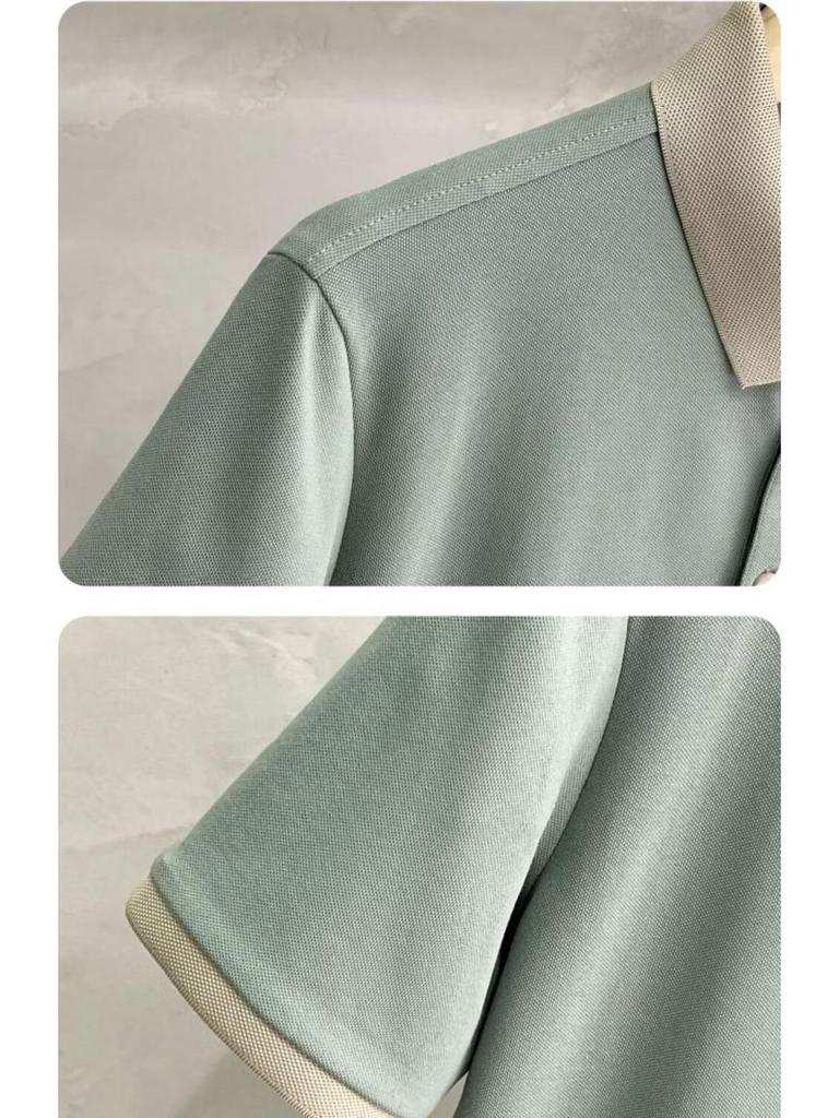 Men's British Style Light Luxury Polo Shirt with Contrasting Color Lapel, Short Sleeves, and Letter Embroidery - Casual Summer Trend.