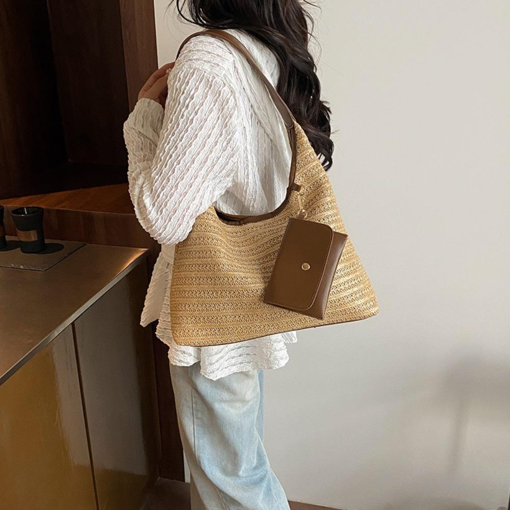 

Leisure Straw Shoulder Bag Boho Women s Tote Bag Trendy Weave Straw Bag Female хакі