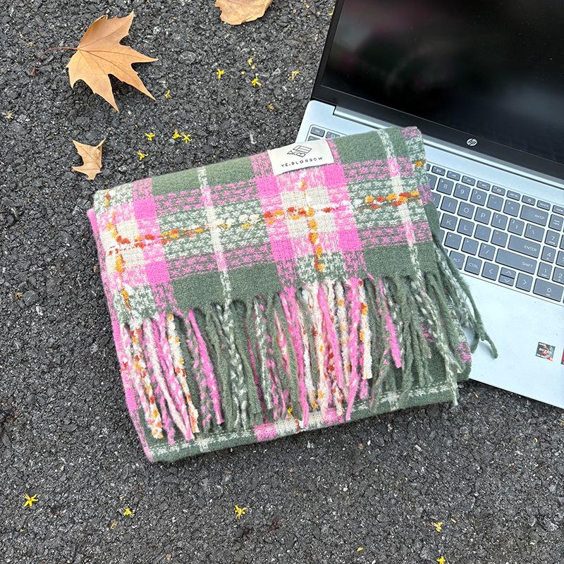 Korean Style Plaid Mohair Scarf - Women's Winter Imitation Cashmere Shawl