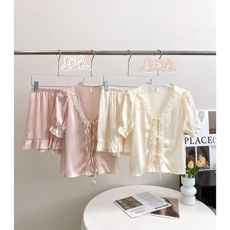 New pajamas women's ice silk bow pure desire wind lace-up short-sleeved shorts silk loungewear suit outer wear