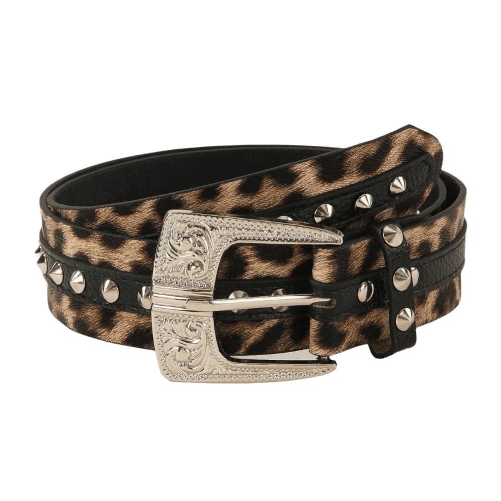 Rivet Decor Leopard Print Belt Engraved Design Waist Belt Retro PU Leather Belt Cowboy Style