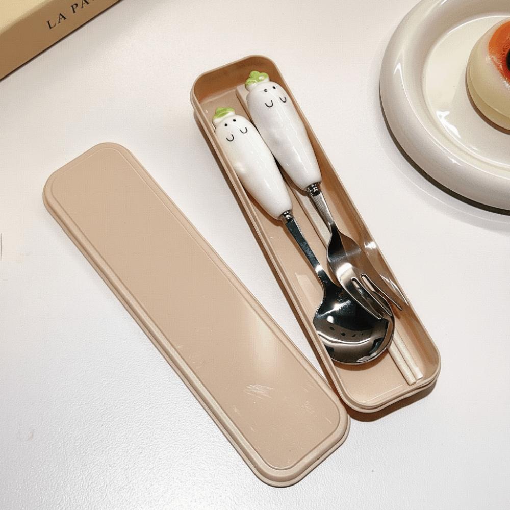 Stainless Steel Spoon Fork Chopsticks Set Cartoon Carrot Spoon Fork Travel Dinnerware  Student белый