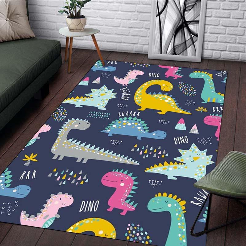 Colorful Dino World Rug for Kids' Bedrooms, Fun Cartoon Dinosaurs Carpet, Educational Play Area Mats Skid Resistant Carpet
