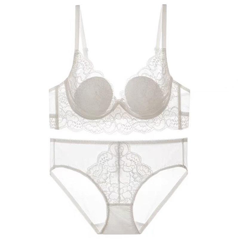 French Coquette Bunny Ear Lace Lingerie Set, Sexy Thin Minimizer Anti-Sag Bra for Full Bust Summer Women