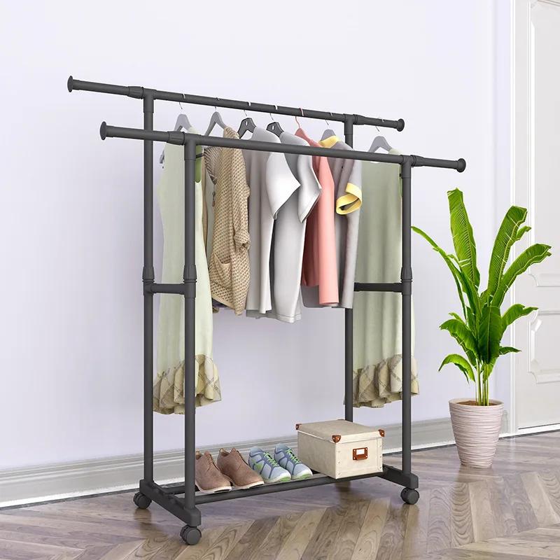 Double Pole Coat Rack Simple Reinforced Steel Frame Clothing Rack Bedroom Mobile Drying Rack Minimalist Floor Clothes Hanger