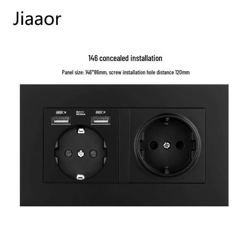 Type 146 Dual USB 16A Two-Gang European Power Socket Panel with German Standard Switch (Concealed)