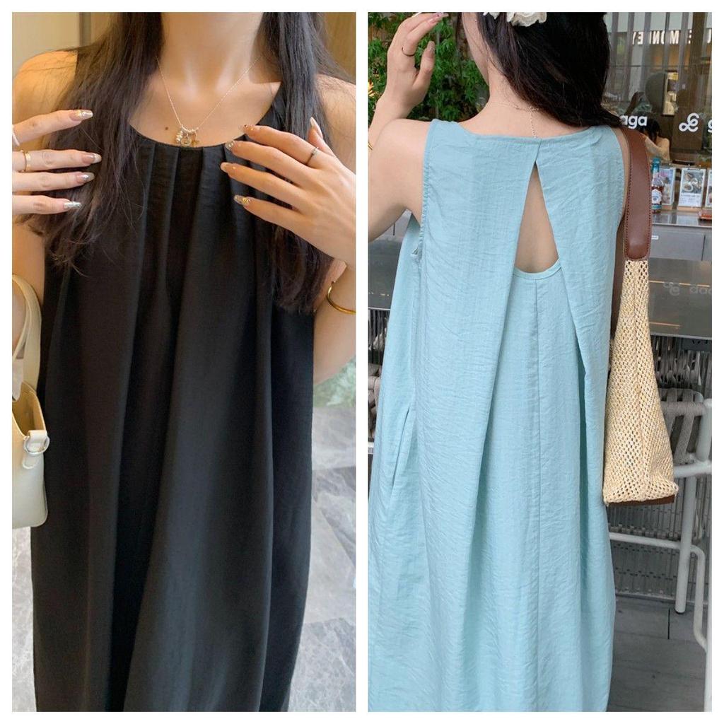 2026 Women's Summer French Backless Sleeveless Pleated Sling Dress