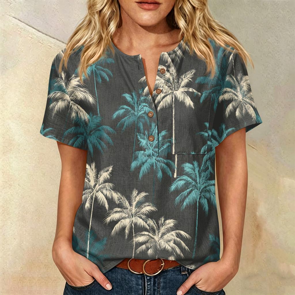 Women's Floral Print Short Sleeve Shirt Henley Button Neck Chest Pocket Casual Linen Cotton Blended Top for Summer